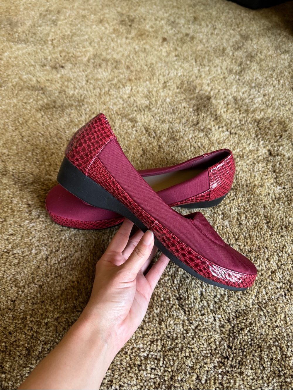 Burgundy red slip on loafers with snakeskin detailing; excellent condition